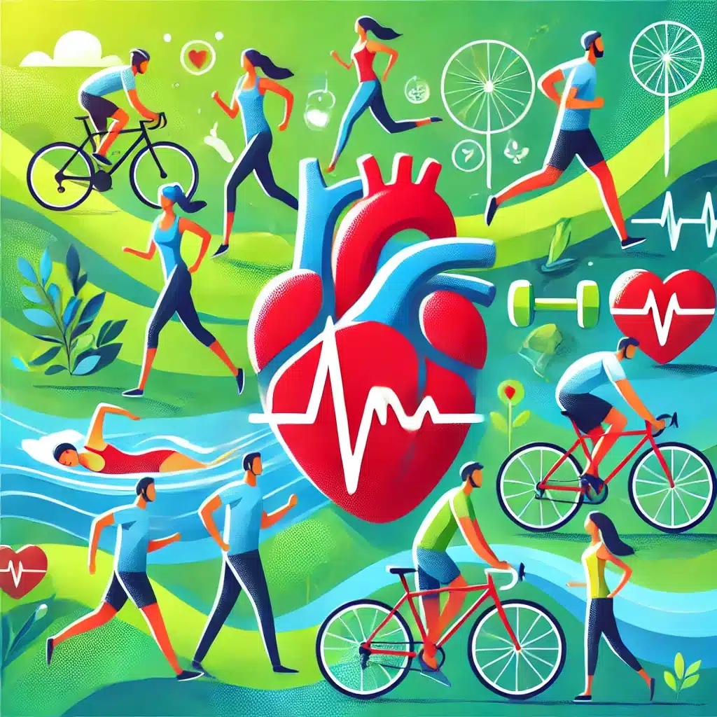 DALL·E 2025 01 16 16.06.12 A visually engaging illustration of a heart symbol surrounded by active people jogging swimming cycling and walking set against a vibrant backgrou