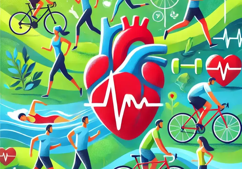 DALL·E 2025-01-16 16.06.12 - A visually engaging illustration of a heart symbol surrounded by active people jogging, swimming, cycling, and walking, set against a vibrant backgrou